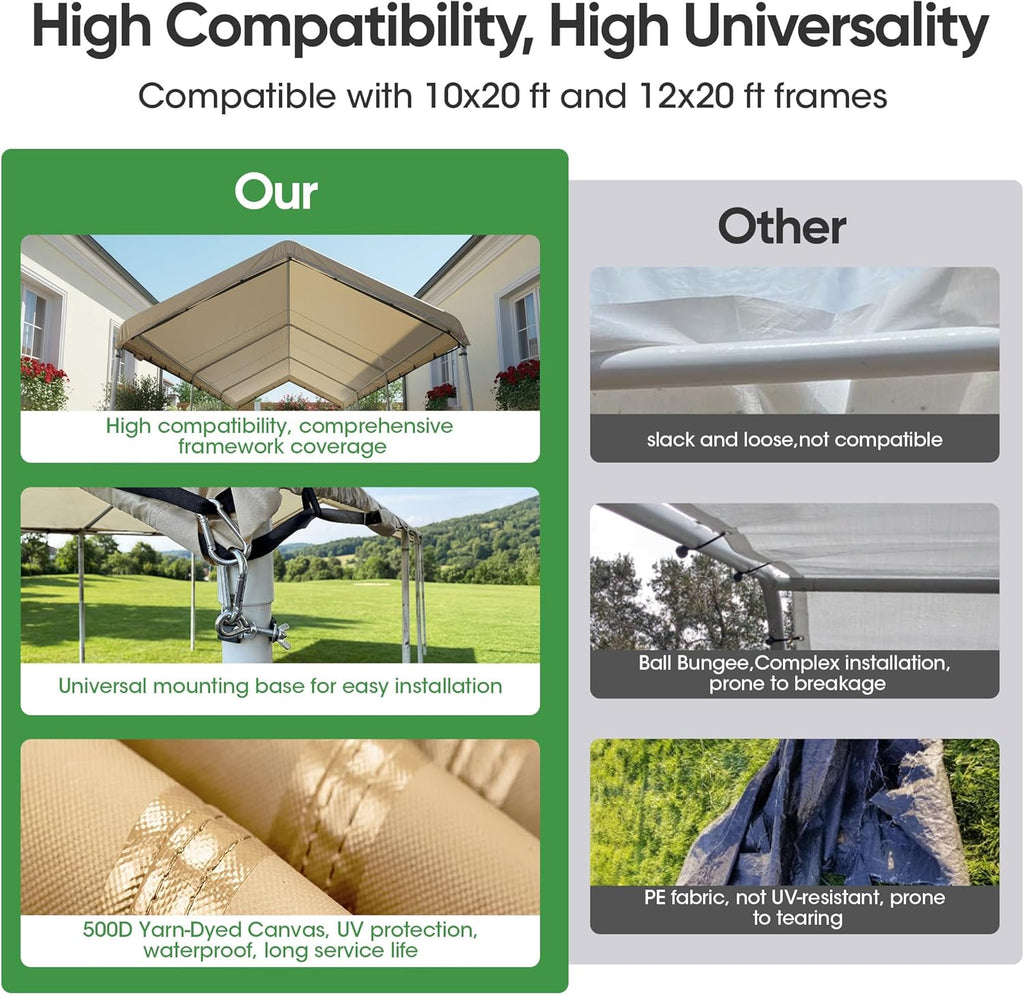 SIHAIAN 10 x 20 Ft Carport Replacement Canopy Cover with Sidewall(No Frame) Easy to Set up Carport Canopy, 500D Heavy-Duty Garage Top Tent Tarp Waterproof and UV Protected (Only Canopy Cover) Beige