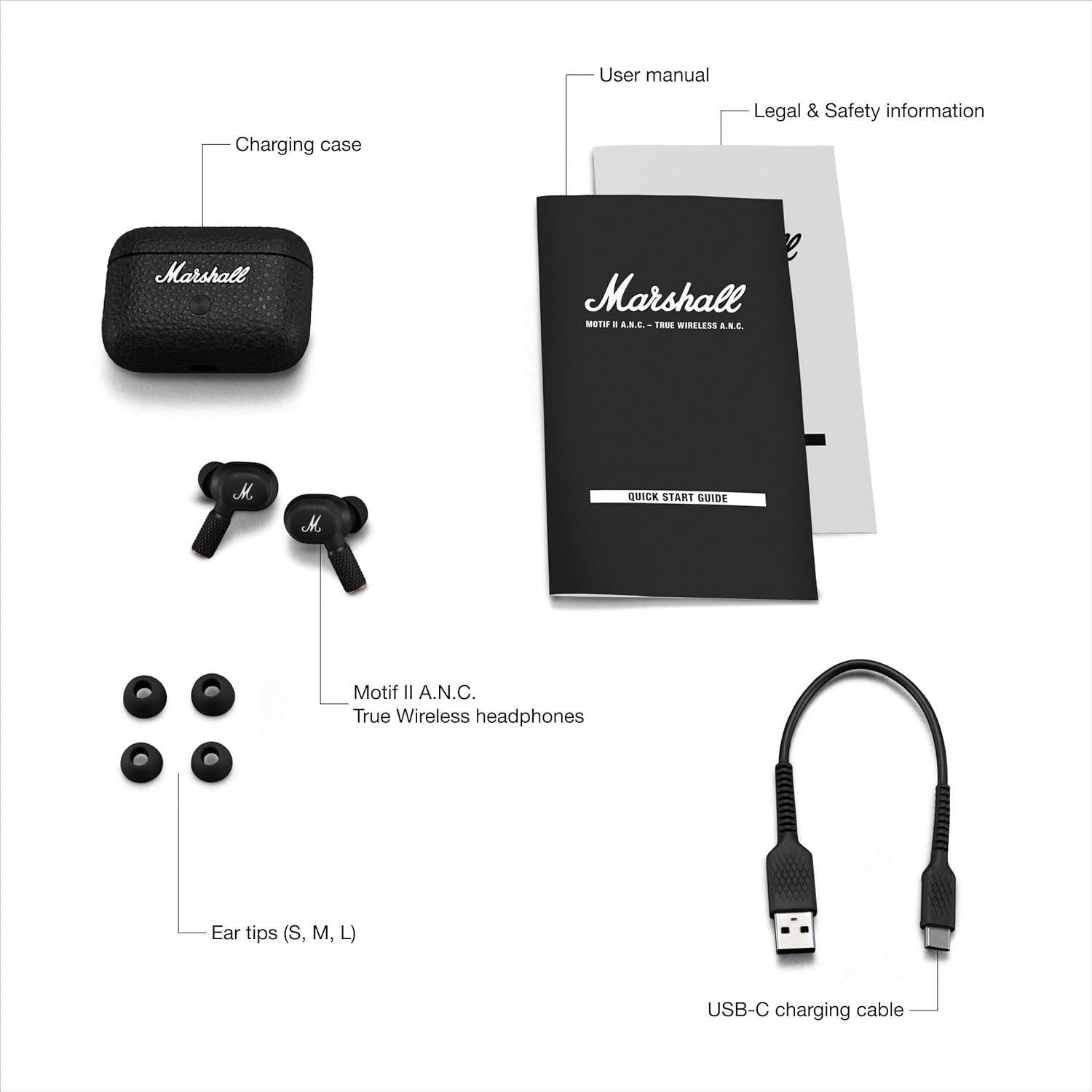 Marshall Motif II True Wireless Active Noise-Canceling Earbuds Headphones  Black