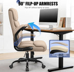 Primy Office Chair, Ergonomic Leather Desk Chair with Flip-up Armrests, Big and Tall High Back Executive Computer & Gaming Chair with Footrest, Comfy Padded, Rocking Function and Lumbar Support(Khaki)