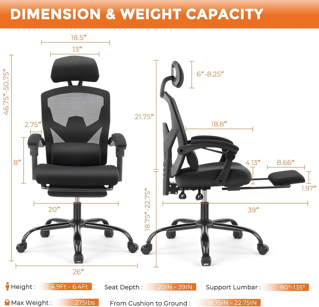 Sweetcrispy Office Computer Desk Chair, Ergonomic High-Back Mesh Rolling Work Swivel Chairs with Wheels, Comfortable Lumbar Support, Comfy Arms for Home, Bedroom, Study, Student, Black