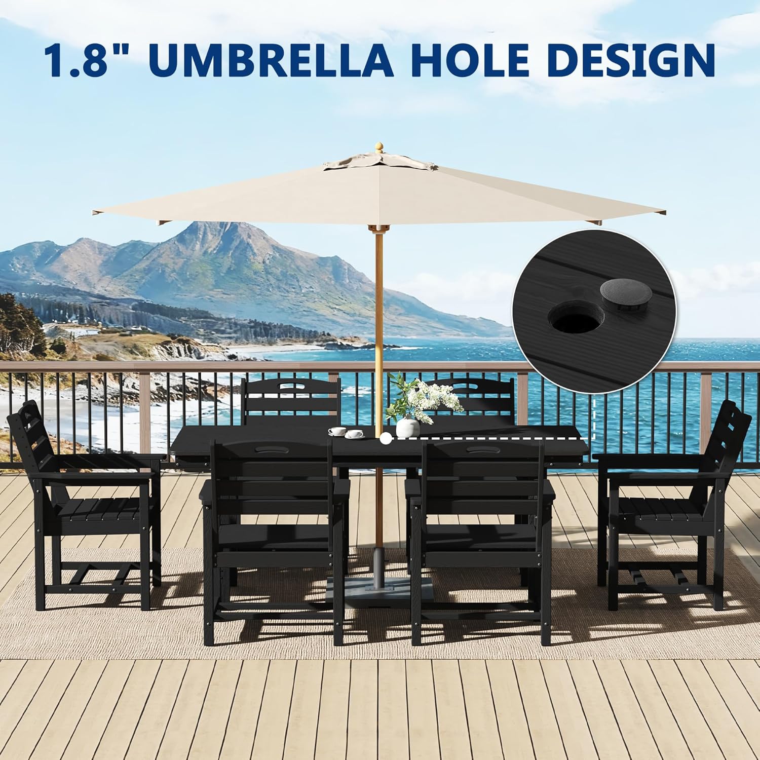 PIZZELLO Patio Dining Table for 6, 66" Rectangular HDPE Outdoor Dining Table with 1.8" Umbrella Hole, All Weather Outdoor Patio Table for Lawn Backyard Garden, Black