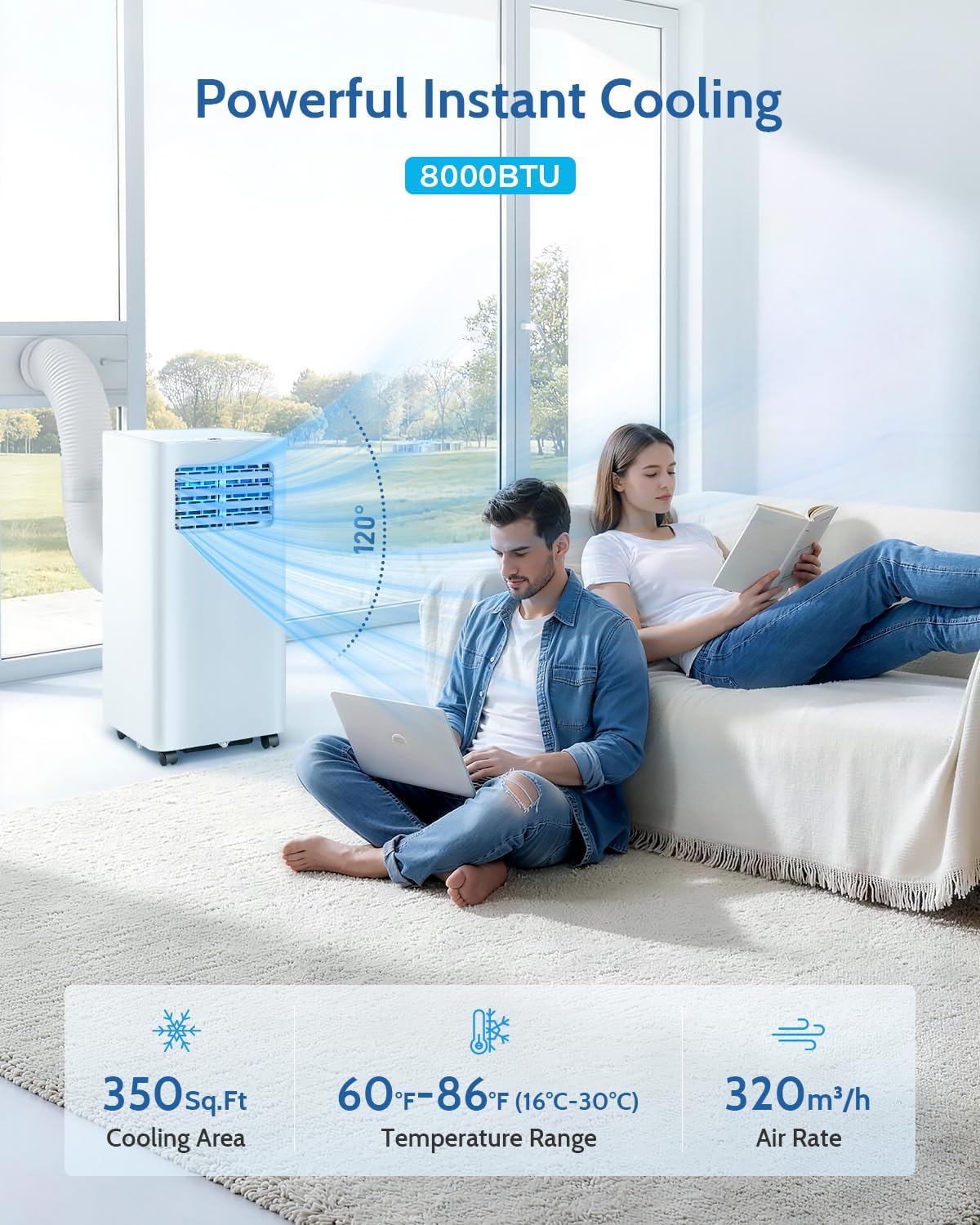8,000 BTU Portable Air Conditioner - 3-in-1 Portable AC Unit for Rooms Up to 350 Sq. Ft., with Remote Control, Cooling, Dehumidifier & Fan Modes, AC Unit for Bedroom, Office, Apartment