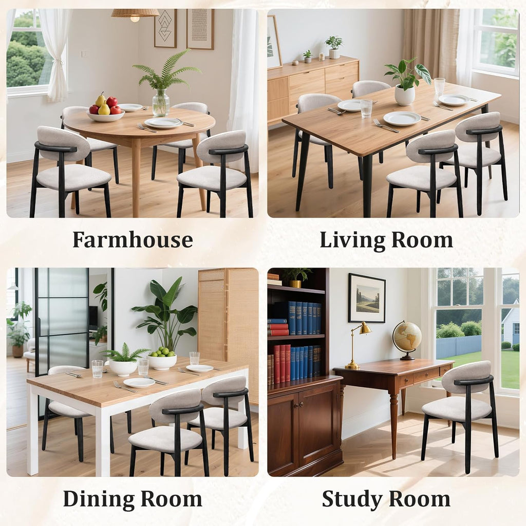 Farmhouse Dining Chairs Set of 4,Mid Century Modern Fabric Upholstered Kitchen Chairs,Wooden Dining Room Chair with Curved Back Black Leg for Kitchen Dining Room Restaurant Cafe,Linen Gray,Only Chairs