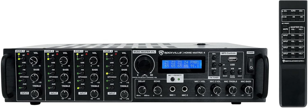 Rockville Home Matrix 4 600W Multi Room Receiver/Amplifier  8-Channel (4 Zones)  Bluetooth  USB  Optical  Coaxial  RCA  Mic Inputs