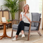 DUMOS Mid Century Accent Chair, Modern Living Room Chair with Arms and Waist Cushion, Reading Chairs for Adults, Lounge Chair for Bedroom, Solid Wooden Frame,Classic Grey