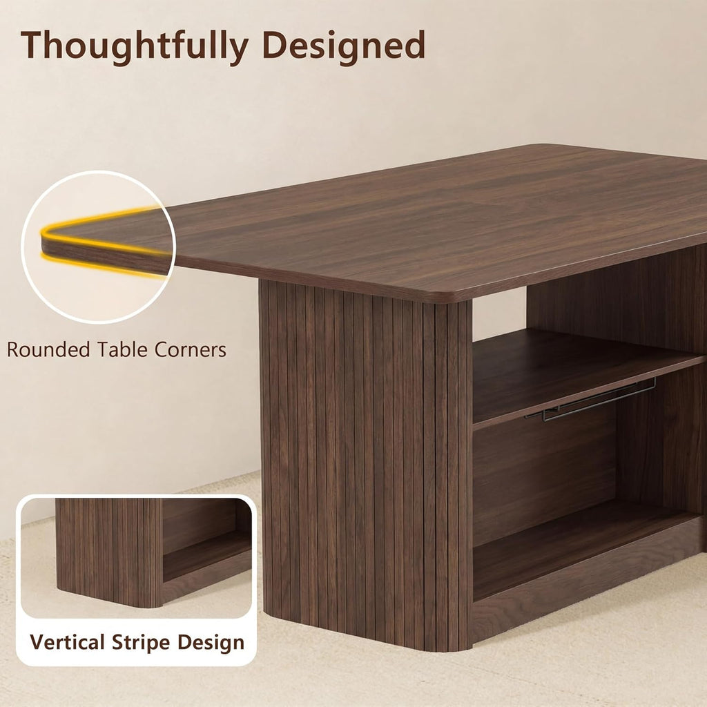 FUQARHY Dining Table for 6, Small Rectangular Kitchen Table for 4 with 2-Tier Storage Shelf, Farmhouse Modern Fluted Wood Table (Walnut)