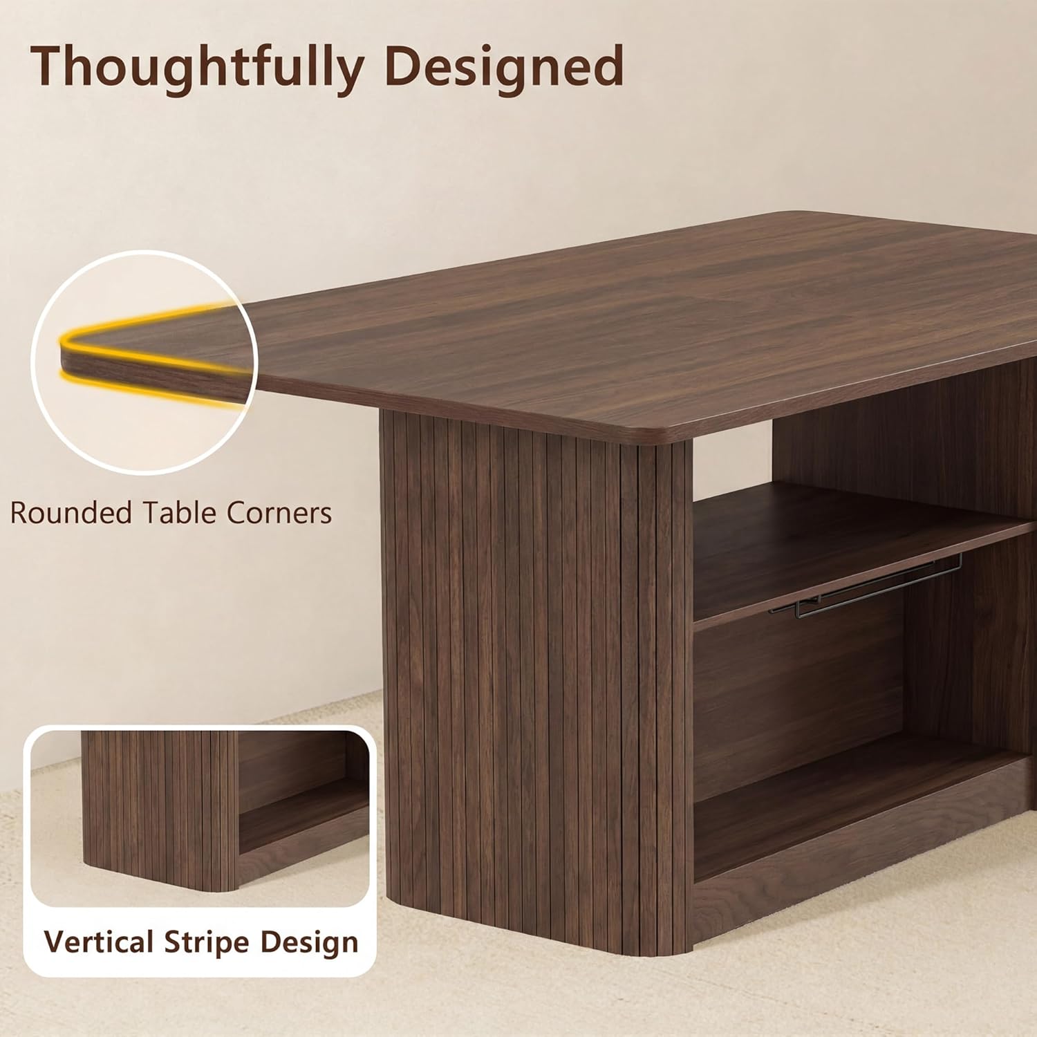 FUQARHY Dining Table for 6, Small Rectangular Kitchen Table for 4 with 2-Tier Storage Shelf, Farmhouse Modern Fluted Wood Table (Walnut)