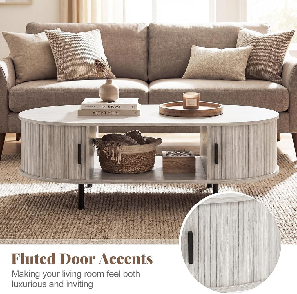 Giantex Oval Coffee Table, 47.5" Mid Century Modern Center Table with Sliding Tambour Doors, Hidden Storage & Open Compartment, Fluted Wood Living Room Tables for Small Spaces (Light Grey Oak)