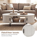 Giantex Oval Coffee Table, 47.5" Mid Century Modern Center Table with Sliding Tambour Doors, Hidden Storage & Open Compartment, Fluted Wood Living Room Tables for Small Spaces (Light Grey Oak)