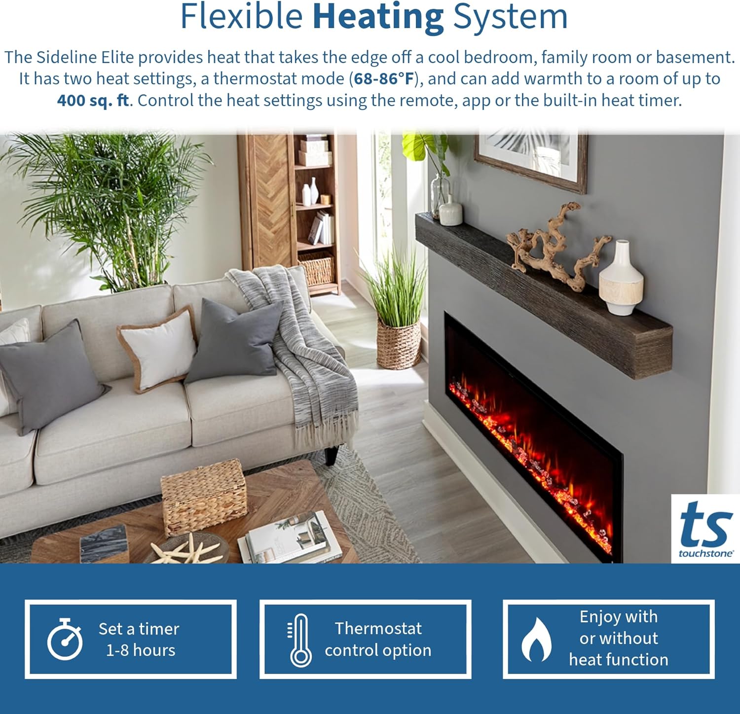 Touchstone Sideline Elite Smart 60” WiFi-Enabled Electric Fireplace - in-Wall Recessed - 60 Color Combinations - 1,500W Heater - Black - Log, Crystals & Driftwood - 80037