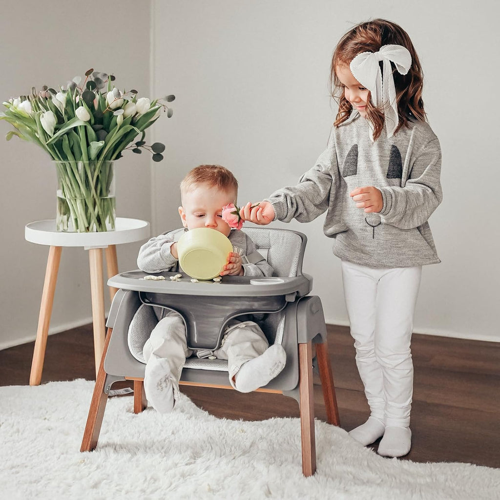 Fodoss Baby High Chair, Light Gray, 4-in-1 Foldable Design, Sturdy Metal Square Tube with Wood Grain, Removable Dishwasher Safe Tray, 5-Point Harness, Waterproof Cushion