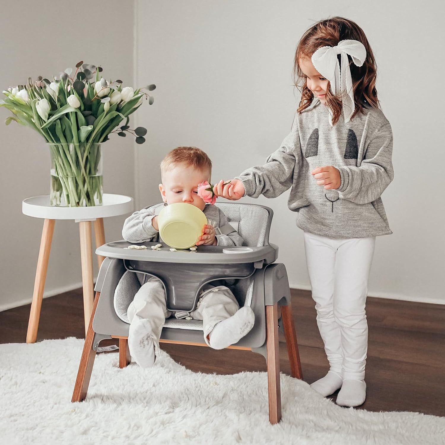 Fodoss Baby High Chair, Light Gray, 4-in-1 Foldable Design, Sturdy Metal Square Tube with Wood Grain, Removable Dishwasher Safe Tray, 5-Point Harness, Waterproof Cushion