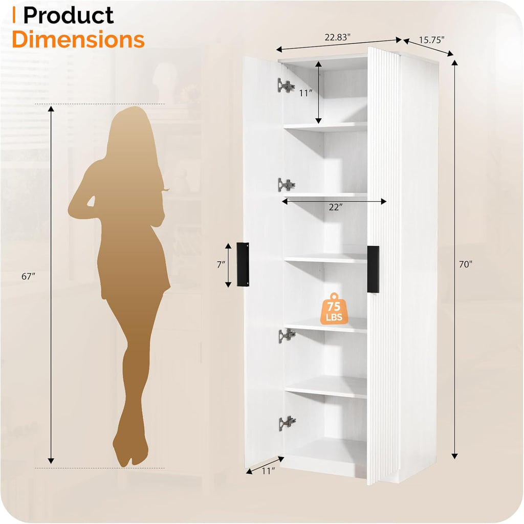 VINGLI 70" Modern Pantry Cabinet,Tall Storage Cabinet with Fluted Doors and Adjustable Shelves for Dining Room, Kitchen, Office, and More in White