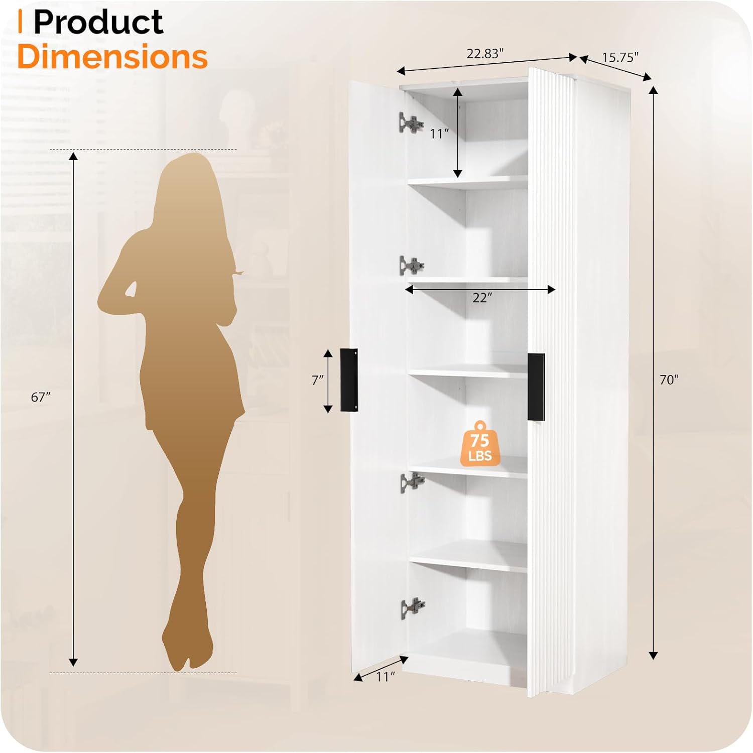 VINGLI 70" Modern Pantry Cabinet,Tall Storage Cabinet with Fluted Doors and Adjustable Shelves for Dining Room, Kitchen, Office, and More in White