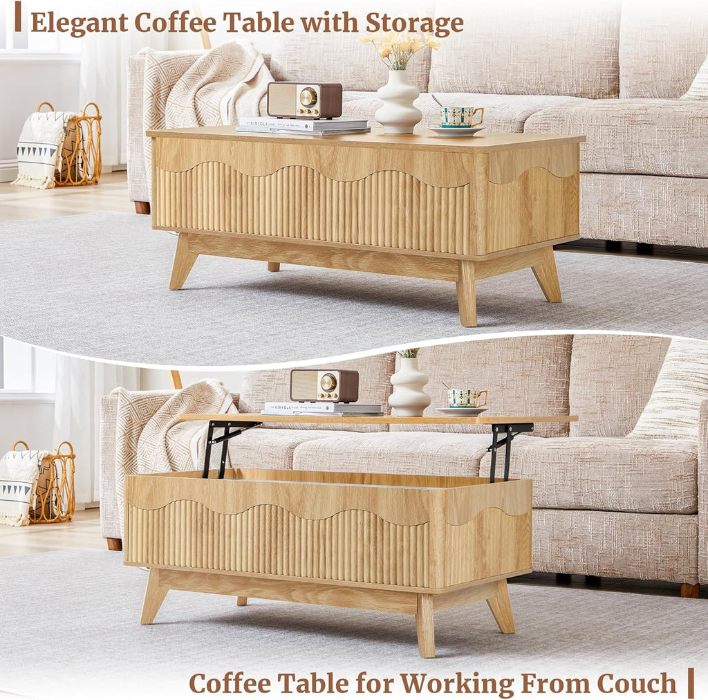 BERRYMERRY Lift Top Coffee Table with Hidden Storage, Farmhouse Fluted Coffee Table with Wave Profile, Rising Top Rectangular Center Table for Living Room (Natural Oak)