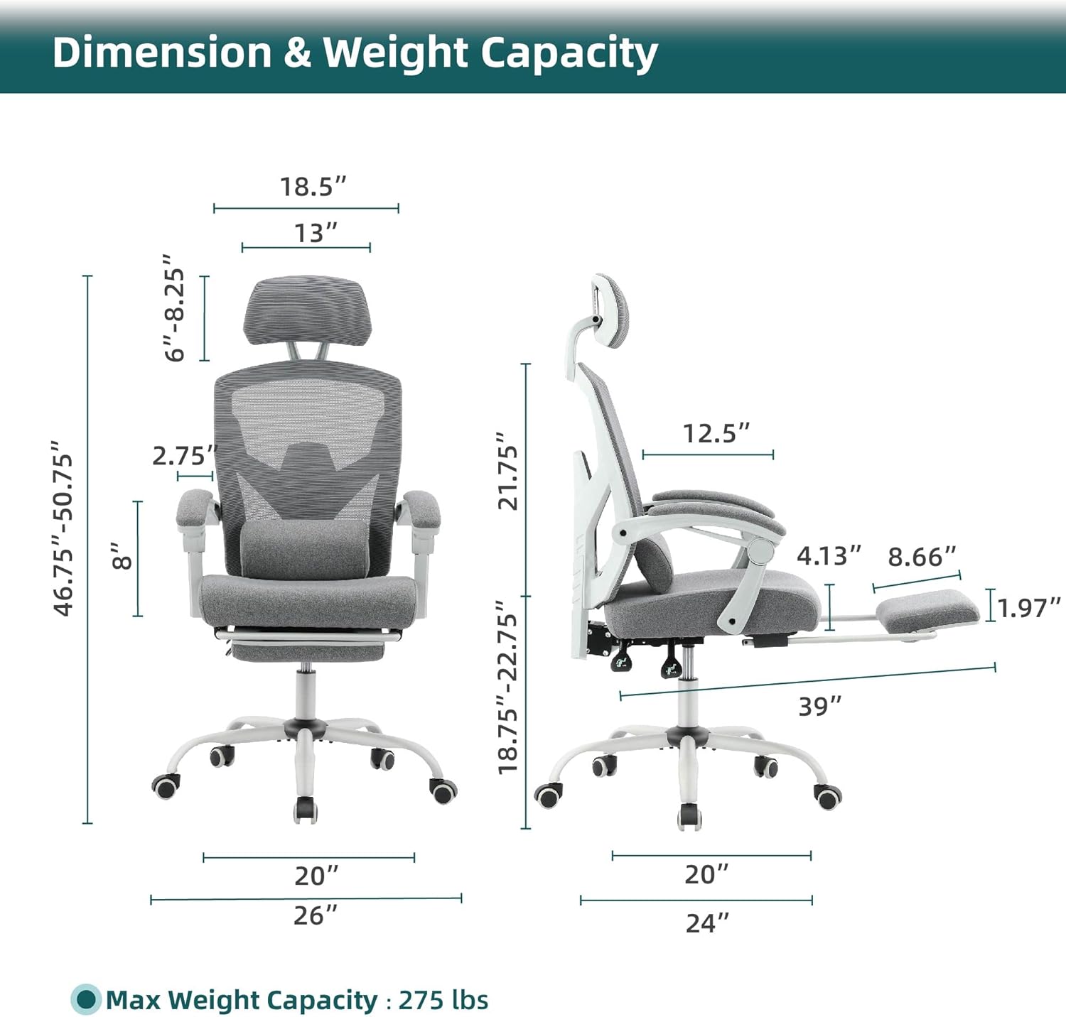DUMOS Office Desk Computer Chair with Footrest, Ergonomic Mesh Swivel Gaming Chair with Rolling Wheels, Comfortable Headrest, Lumbar Support, Comfy for Home, Office, Task, Student, Elegant Grey