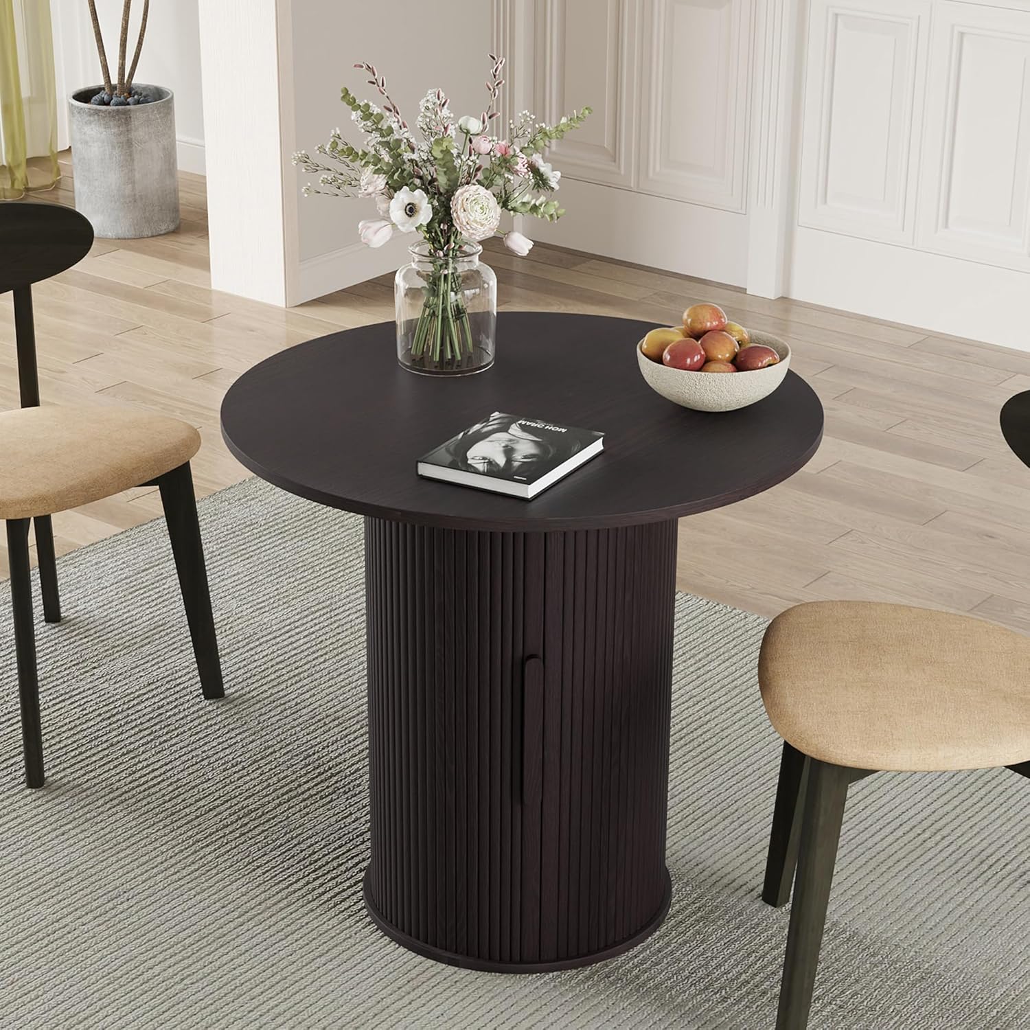 31.5" Round Dining Table for 2-4, Modern Kitchen Table with 2-Tier Storage Shelf, Small Wooden Circle Dining Tables with Fluted Base for Home Dining Room Living Room (Blackened Brown)