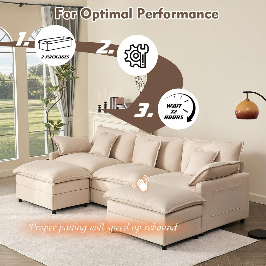 108" U Shaped Couch, Modular Sectional Sofa, 3-Seater Comfy Cloud Couch, Set of Modular Pieces with Movable Ottoman, Deep Seat Couches for Living Room, Linen, Beige