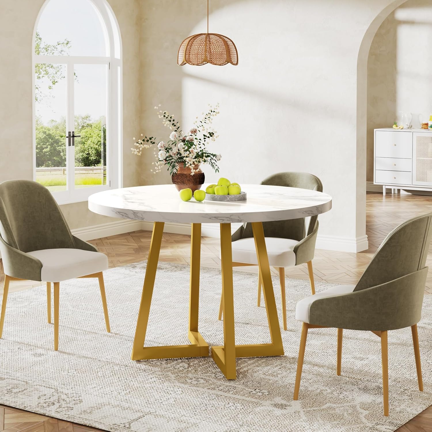 Tribesigns Round Dining Table for 2, 31.5" Modern Kitchen Table with Metal Base, Small Table for Dining Room, Small Space, Apartment, Office, Restaurant, White & Gold