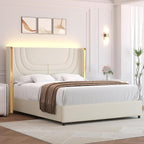 Queen Bed Frame with LED Lights, Faux Leather Upholstered Platform with Silver Wingback Headboard, Modern Style, No Box Spring Needed, Easy Assembly, Cream