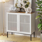 BVIUNTWO 31.5" Farmhouse Buffet Cabinet with Metal Base, Adjustable Shelf & 2 Doors, Antique White Storage Sideboard for Kitchen, Dining & Living Room