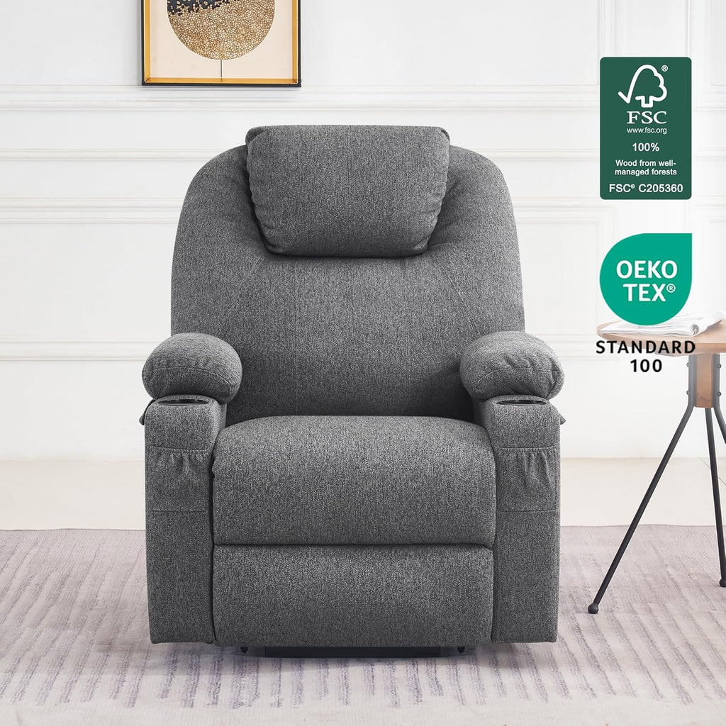 MCombo Power Lift Recliner Chair for Elderly, Lift Chair with Heat and Massage, FSC Certified, USB&Type C Ports, Cup Holders, Fabric 7040 (Medium, Gray)