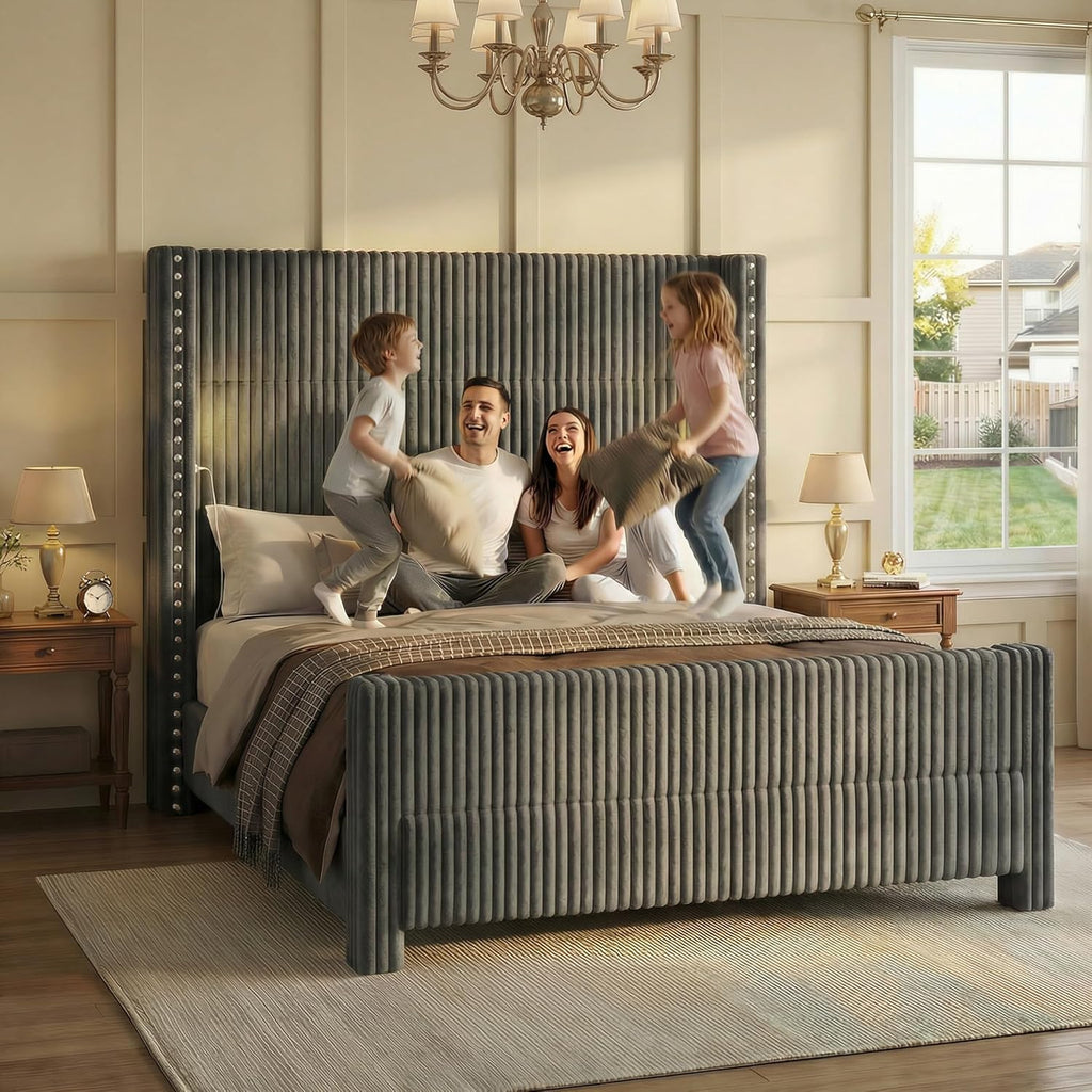 Queen Bed Frame with 56.7" Tall Headboard & Reading Lights, Corduroy Upholstered Wingback Platform Bed with Charging Station, Modern Retro Design, Noise Free, No Box Spring Required, Grey