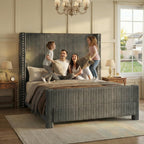 Queen Bed Frame with 56.7" Tall Headboard & Reading Lights, Corduroy Upholstered Wingback Platform Bed with Charging Station, Modern Retro Design, Noise Free, No Box Spring Required, Grey