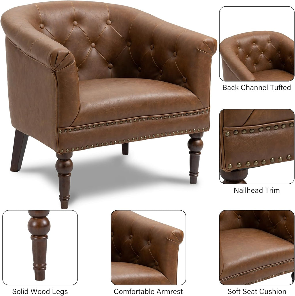Pia Ricco Faux Leather Barrel Accent Chair, Comfy Club Armchair with Solid Wood Legs, Nailhead Trim Upholstered Single Sofa Chair for Living Room Bedroom/Reading Room, Tan, Set of 2