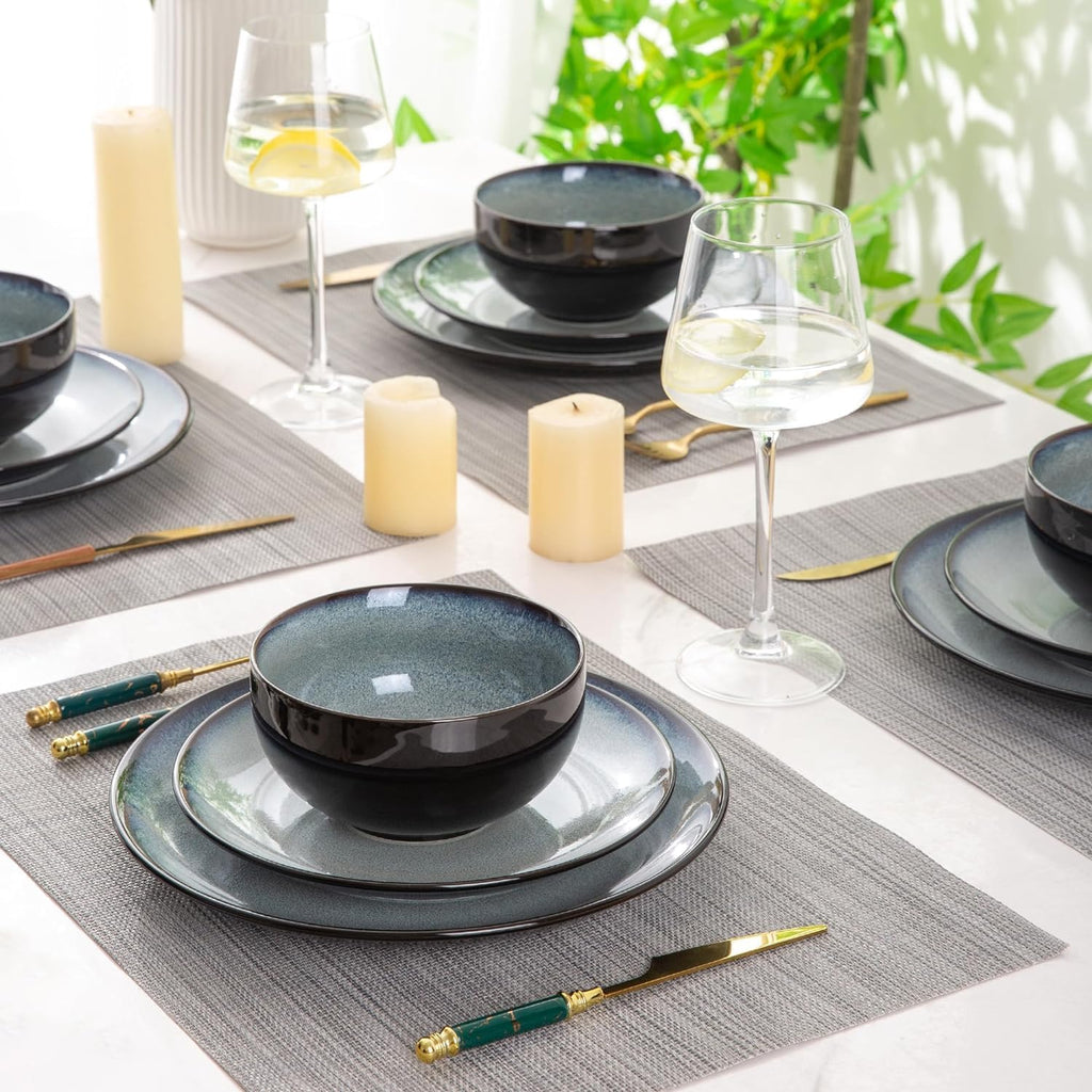 LeRatio Ceramic Dinnerware Sets for 6,Stoneware Plates and Bowls Sets,Handmade Reactive Glaze Dishes Set,Chip Resistant and Scratch Resistant | Oven&Dishwasher & Microwave Safe-Gray White(18PCS)