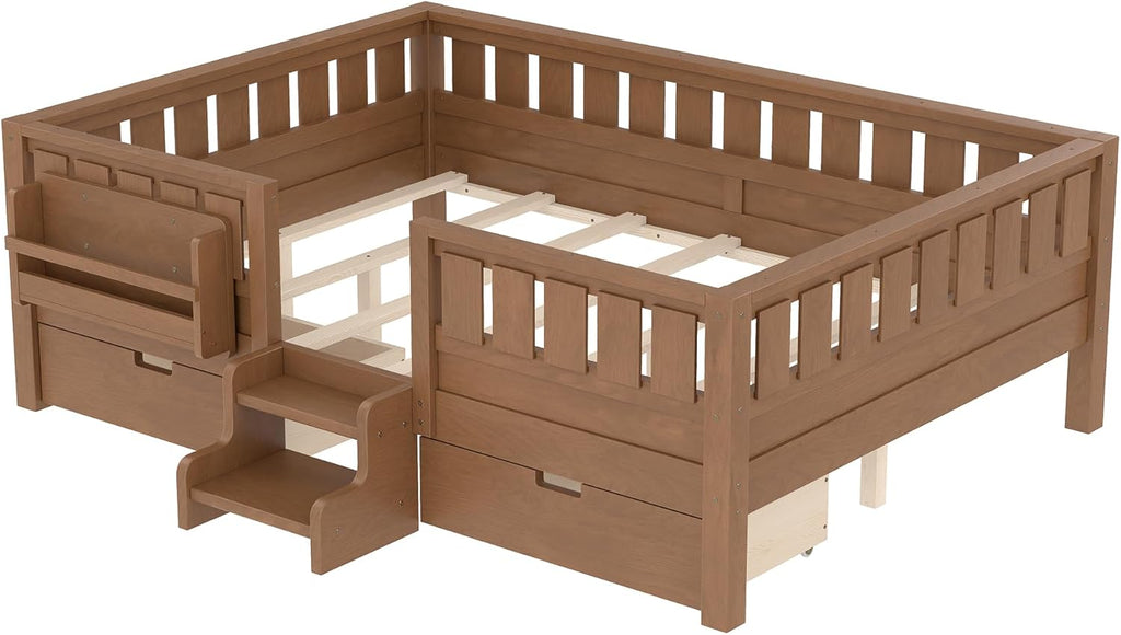Bellemave Full Size Bed with Slats and Stairs, Full Size Platform Bed Frame with Fence, Bookshelf and Storage Drawers, Easy Assemble Beds for Kids, Girls, Boys, Natural