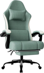 Gaming Chair, High Back Fabric Computer Chair with Pocketed Spring Cushion and Footrest, Height Adjustable Game Chair with Headrest and Lumbar Support (Beige & Blue)