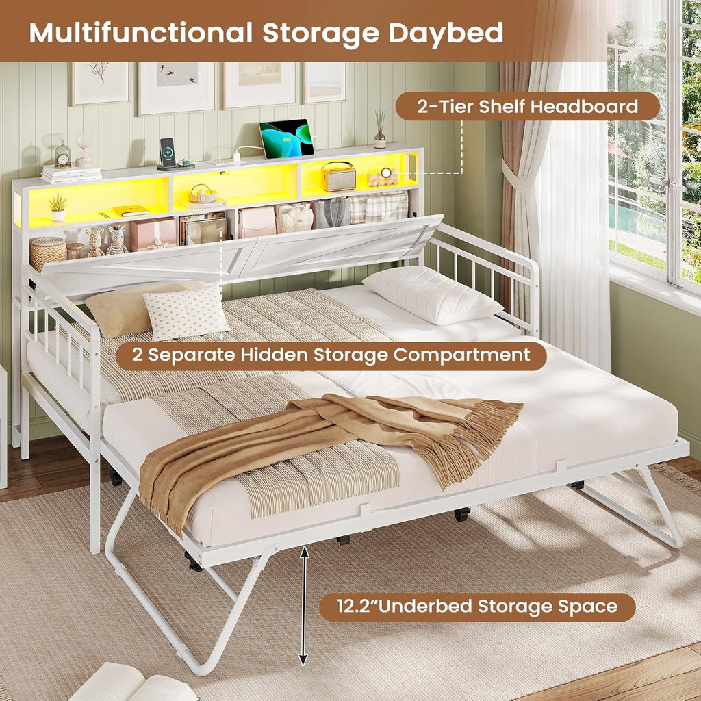 VIAGDO Day Bed with Trundle Bed Twin, Wood Day Bed with Hidden Storage Headboard, Farmhouse Daybed with Charging Station and LED Lights, Twin to King Daybed for Living Room, Guest Room, White