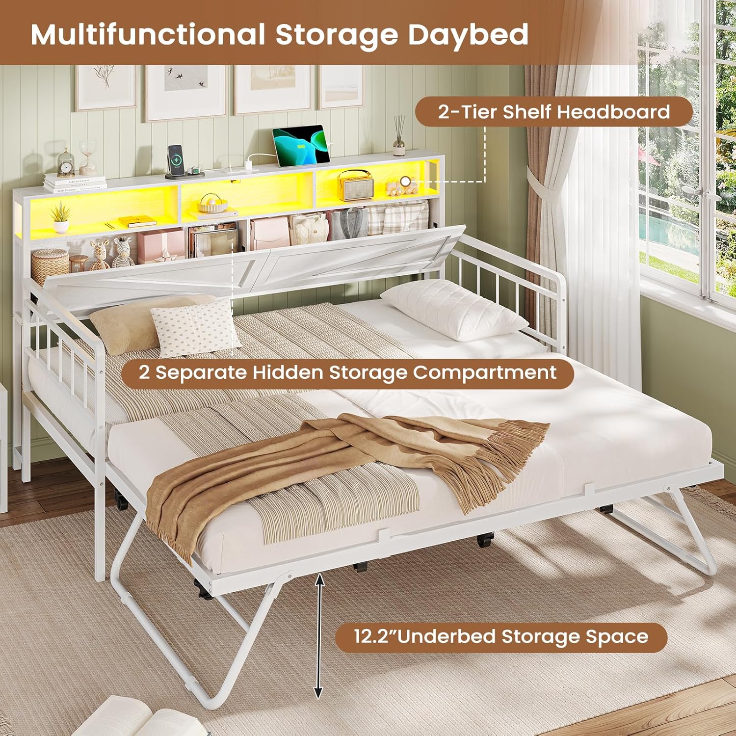 VIAGDO Day Bed with Trundle Bed Twin, Wood Day Bed with Hidden Storage Headboard, Farmhouse Daybed with Charging Station and LED Lights, Twin to King Daybed for Living Room, Guest Room, White