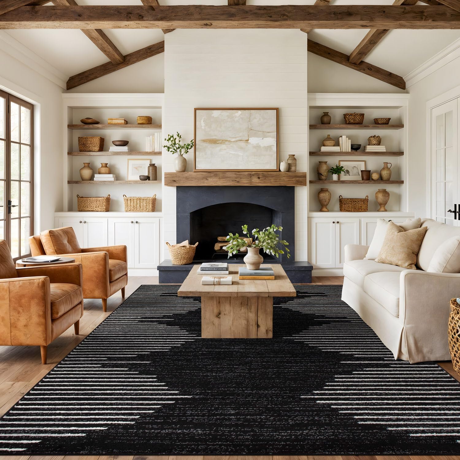Rugshop Bohemian Stripe Stain Resistant High Traffic Living Room Kitchen Bedroom Dining Home Office Area Rug 12' x 15' Black