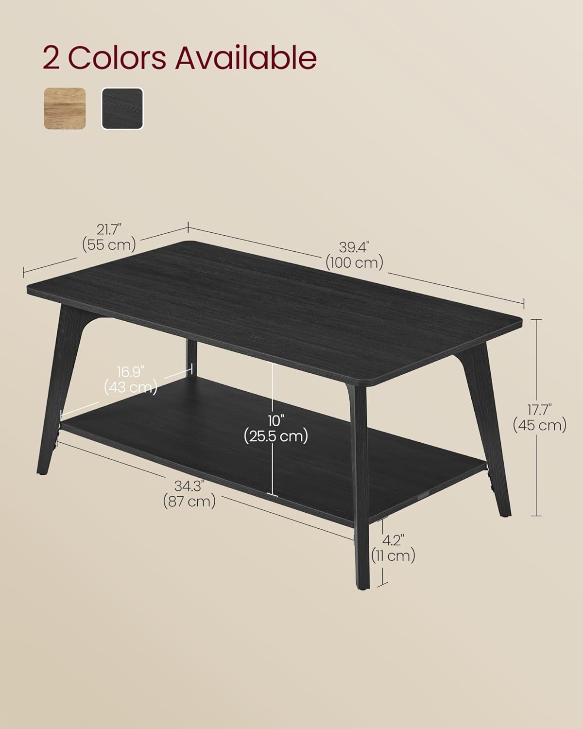 VASAGLE MAEZO Collection - Coffee Table, 2-Tier Center Table with Storage, Tapered Legs, Curved Transitions, 21.7 x 39.4 x 17.7 Inches, Easy to Assemble, for Living Room, Charcoal Gray ULCT249B01