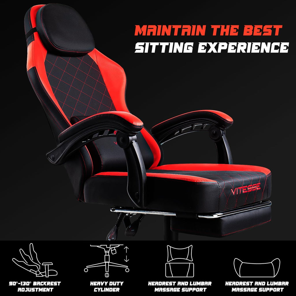 VITESSE Ergonomic Video Gaming Chair for Adults, 400 lbs PC Computer Chair, Racing Office Chair, Silla Gamer Height Adjustable Swivel Chair with Lumbar Vibration Support and Headrest（Red）