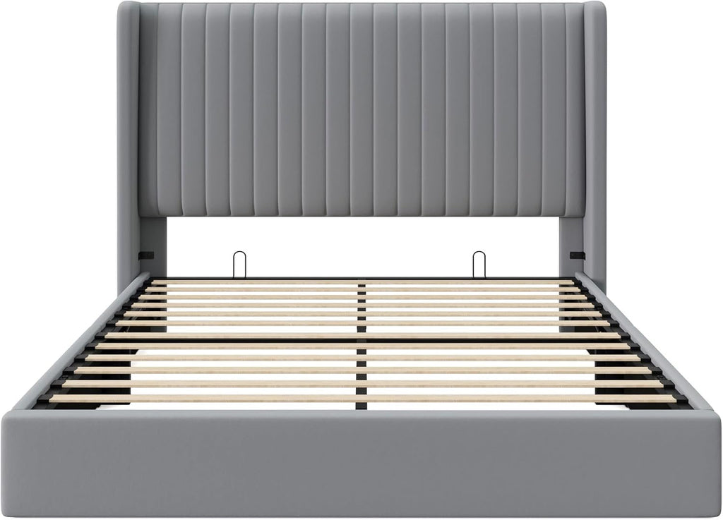 Allewie Queen Size Lift Up Storage Bed Frame, Hydraulic Support System, Upholstered Platform Bed Frame, Underneath Storage, Vertical Channel Tufted Headboard with Wingback, No Box Spring Needed, Grey