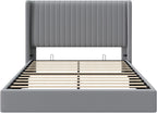 Allewie Queen Size Lift Up Storage Bed Frame, Hydraulic Support System, Upholstered Platform Bed Frame, Underneath Storage, Vertical Channel Tufted Headboard with Wingback, No Box Spring Needed, Grey