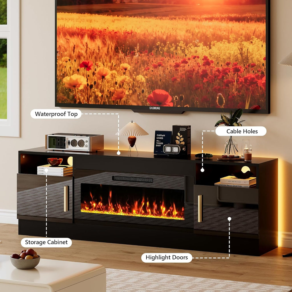 Fireplace TV Stand with 36'' Electric Fireplace, 70'' TV Media Entertainment Center with Fireplace Up to 80 inch,Modern LED TV Console for Living Room (Black with Black Fireplace)