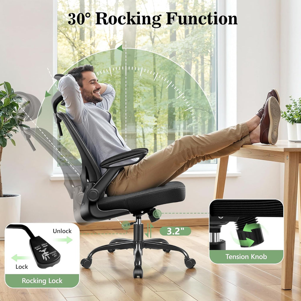 BESTFAIR Office Chair Ergonomic Desk Chair, Breathable Mesh Office Chairs with Adjustable Lumbar Support, Flip-Up Arms, Computer Desk Chair Comfy for Home Office, Black