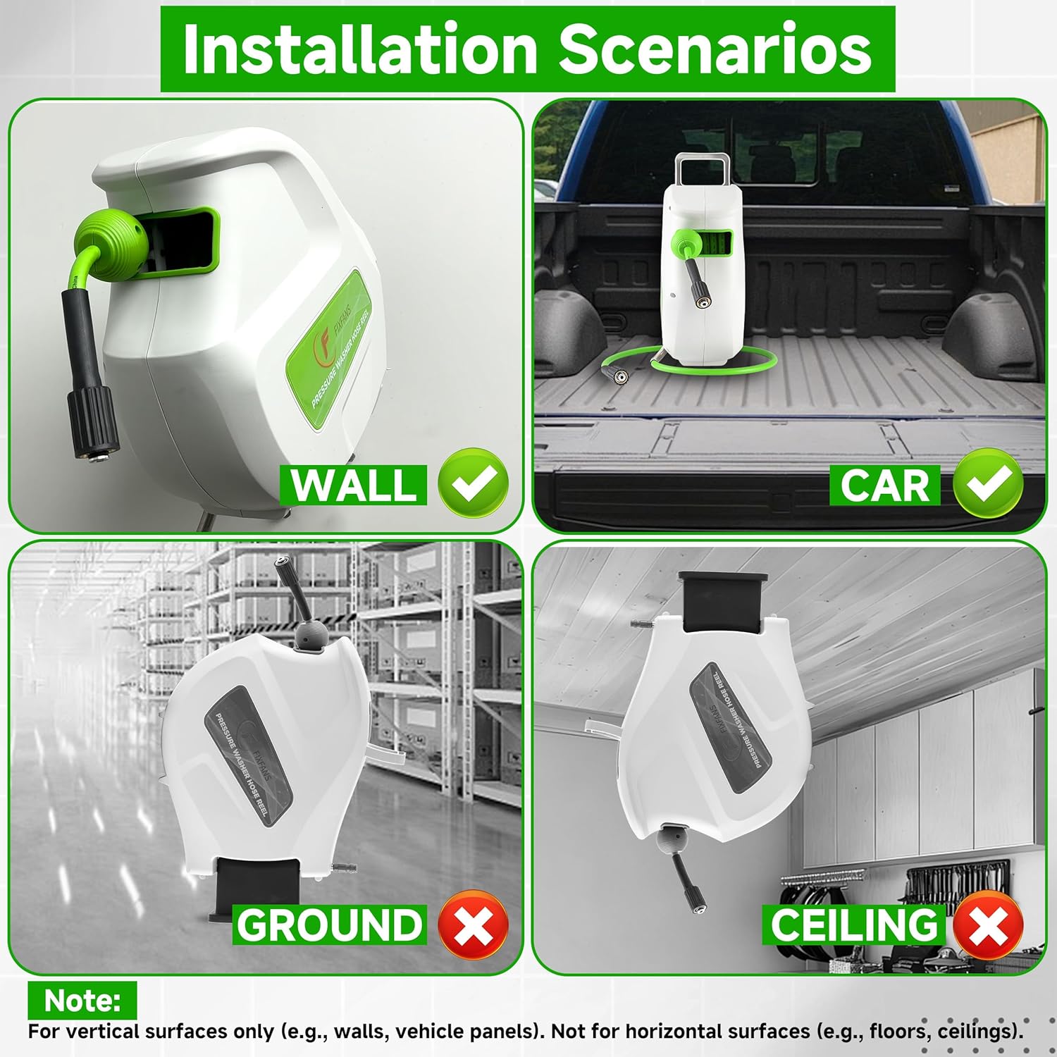 FIXFANS Pressure Washer Hose Reel with Hose, 1/4" × 65ft Retractable Power Washer Reel with Hidden Handle, Wall Mounted High Pressure Hose Reel Auto Rewind, 3600 PSI