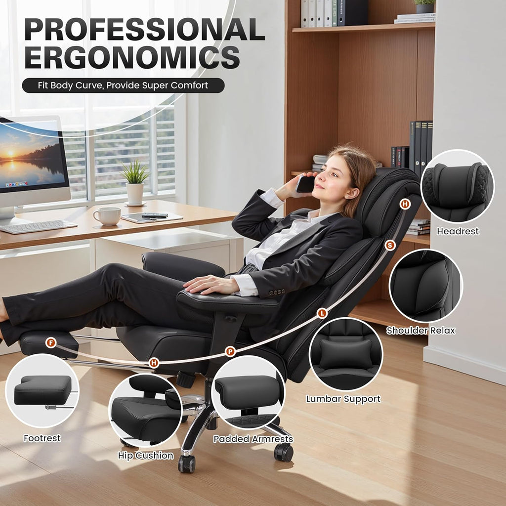 Office Desk Chair, Big and Tall Leather Gaming Chair with Footrest, Wide Ergonomic Comfy Executive High-Back Reclining Computer Chairs, Swivel Rolling Wheels and Padded Lumbar Support, Black