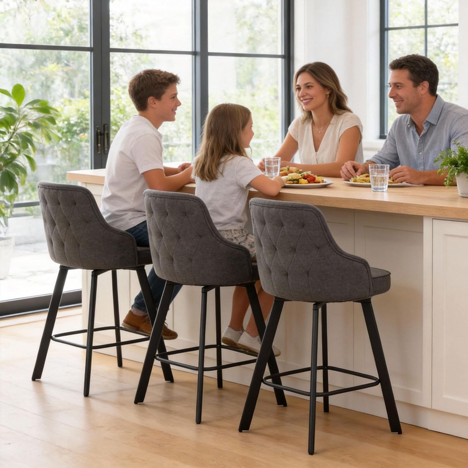 Bar Stools Set of 3, 26" Swivel Counter Height Bar Stools with High Back, Linen Kitchen Barstools Counter Height for Kitchen Island (Dark Grey, 3PCS 26" Counter Stools)