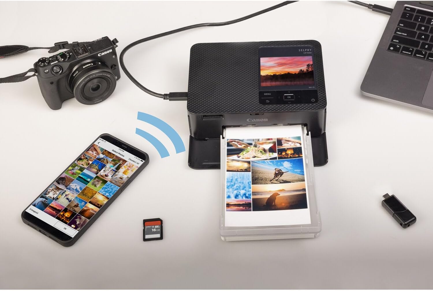Canon Selphy CP1500 Wireless Compact Photo Printer (White) Bundle with KP-108IN Color Ink Paper Set (108 Sheets of 4x6 Paper + 3 Ink Cartridges) + Memory Card Holder + More