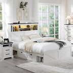 ACCOHOHO Queen Bed Frame Farmhouse with 52" Storage Bookcase Headboard, 4 Drawers Wooden Bed Frame, LED Light, Charging Station - White