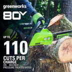 Greenworks 80V 18" Brushless Cordless Chainsaw (Great For Tree Felling  Limbing  Pruning  and Firewood) / 75+ Compatible Tools)  2.0Ah Battery and Rapid Charger Included