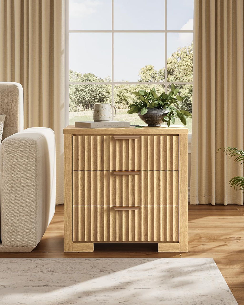 24" Fluted Night Stand Set of 2, Large Bedside Table with 3 Drawers, Modern Nightstand with Charger Station for Bedroom Home Office, Natural Oak