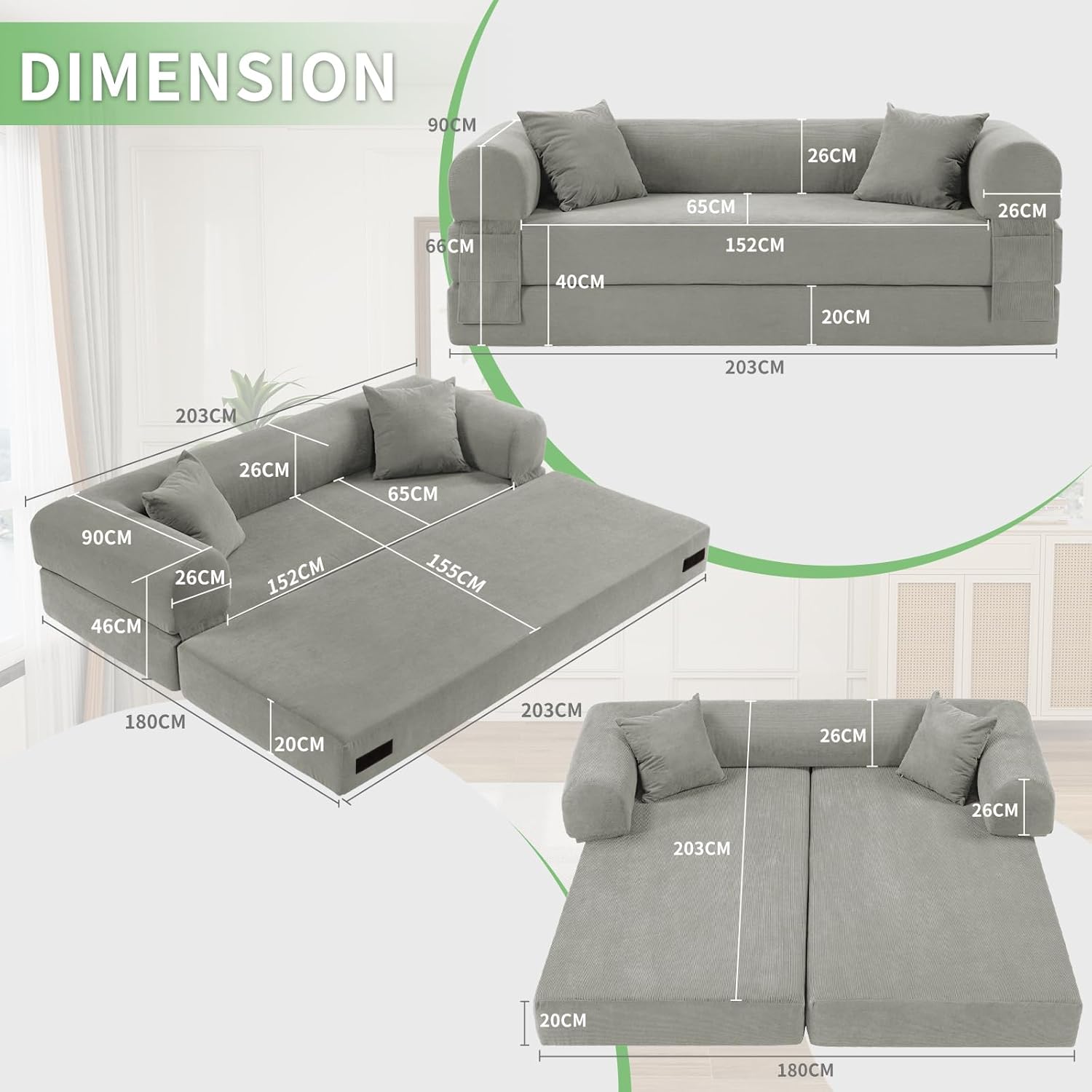 4-in-1 Folding Convertible Sofa Bed, 80 Inch Oversized Corduroy Boneless Couch, Loveseat Sleeper with Pull Out Bed, Floor Sofa Modular Futon Teddy Sofa for Living Room Bedroom Lounge, Light Gray