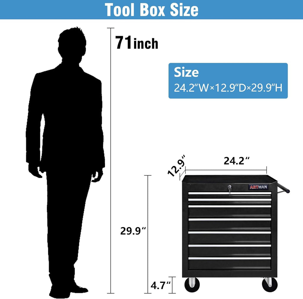 7 Drawers Rolling Tool Cart on Wheels, Multifunctional Organizer Tool Chest Tool Case, Trolley Tool Storage Tool Box for Workshop,Garage,Repair Shop (7 Drawers 24.2" W×12.9" D×29.9" H-Black)